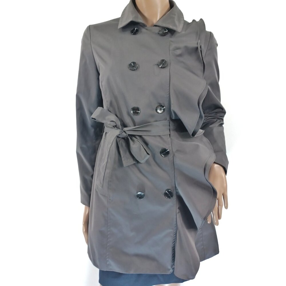 SANDRO Trench Coat Side Ruffle Belted Gray S